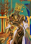  1boy abstract_background colored_skin crown dark_souls_(series) dark_souls_iii gem gold_bangle gold_headwear grey_robe grey_skin highres masked mushychord pontiff_sulyvahn robe solo torn_clothes torn_robe 