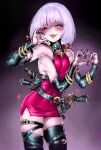  1girl absurdres anuttsuii armpits belt black_thighhighs breasts character_request detached_sleeves dress extra_arms fingernails half-closed_eye heart heart_hands highres holster holstered long_fingernails looking_at_viewer monster_girl one_eye_closed purple_hair red_dress short_dress short_hair small_breasts solo thighhighs tight_clothes tight_dress tongue tongue_out warhammer_40k yellow_eyes 