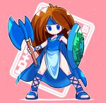  1girl arm_shield axe battle_axe blue_cape blue_eyes blue_headband blue_sandals blue_shirt brown_hair cape closed_mouth commentary_request copyright_name diane_(monster_maker) double-sided_axe full_body gladiator_sandals headband highres holding holding_axe loincloth long_hair monster_maker pink_background sakurajyousui_nami sandals shirt smile solo standing weapon 