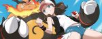  1girl baseball_cap black_vest blue_eyes blue_shorts brown_hair clenched_hand cloud commentary_request day emboar exposed_pocket eyelashes from_below grin hat highres hilda_(pokemon) holding holding_poke_ball long_hair moai_t navel open_clothes open_vest outdoors poke_ball poke_ball_(basic) pokemon pokemon_(creature) pokemon_black_and_white shirt short_shorts shorts sidelocks sky sleeveless sleeveless_shirt smile teeth vest white_hat white_shirt wristband 