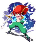  1boy animal_feet bracer claws commentary_request copyright_name full_body green_eyes highres holding holding_sword holding_weapon horns legs_apart male_focus marchen_veil medium_hair monster_boy no_nipples open_mouth prince_(marchen_veil) red_hair sakurajyousui_nami solo sparkle standing sword tail topless_male weapon 