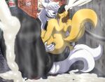  2_tails alley alley_sex anal anal_penetration anthro balls big_balls big_butt big_penis bird_dog black_penis bodily_fluids butt butt_grab canid canine canis cum domestic_dog duo ejaculation excessive_cum excessive_genital_fluids genital_fluids genitals hand_on_butt hi_res huge_balls huge_penis hunting_dog hyper hyper_genitalia hyper_penis labrador male male/male mammal multi_genitalia multi_penis multi_tail musk musky_balls musky_cum musky_penis penetration penis perspective precum public pulsing restaurant retriever scratching shy size_difference tail white_body wolf yami_yagami yamizinhuu yellow_body 