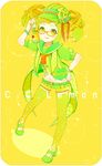  bad_id bad_pixiv_id blonde_hair bottle c.c._lemon c.c._lemon_(character) character_name copyright_name glasses green_eyes groin hand_on_hip hat holding navel shorts solo thighhighs tongue vo_ture yellow_background yellow_legwear 
