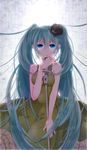  aqua_hair bad_id bad_pixiv_id bare_shoulders blue_eyes cleavage_cutout dress flower frilled_dress frills green_dress hair_flower hair_ornament hatsune_miku highres kayase kochira_koufuku_anshin_iinkai_desu_(vocaloid) long_hair microphone microphone_stand nail_polish solo twintails very_long_hair vintage_microphone vocaloid 