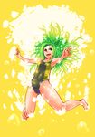  bare_legs barefoot bubble butaneko c.c._lemon c.c._lemon_(character) green_hair highres jumping long_hair one-piece_swimsuit open_mouth smile solo swimming swimsuit underwater 