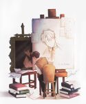  3boys book canvas_(object) chair demon_horns english_text highres horns kim_dokja looking_to_the_side male_focus multiple_boys omniscient_reader's_viewpoint painting_(object) paper pen simple_background sketch sketching watermark yogushodan yoo_joonghyuk 