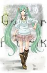  boots bracelet green_eyes green_hair hatsune_miku headphones headphones_around_neck highres jewelry long_hair retsuna sleeves_pushed_up smile solo twintails very_long_hair vocaloid walking 