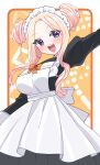  1girl absurdres apron arm_up black_dress blonde_hair blush bow breasts commentary_request double_bun dress forehead gakuen_idolmaster hair_bun highres idolmaster juo_sena large_breasts long_hair long_sleeves looking_at_viewer maid maid_apron multicolored_hair open_mouth orange_bow pink_hair purple_eyes smile solo sukoyaka_(100hituzi) teeth tongue two-tone_hair upper_teeth_only white_apron white_background yellow_background 