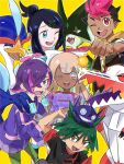  2boys 3girls :d ;d antenna_hair black_jacket bright_pupils brown_eyes clenched_hand commentary copituji dark-skinned_female dark_skin ditto dot_(pokemon) fang green_hair hair_ornament hair_over_one_eye hairclip highres holding holding_pokemon jacket liko_(pokemon) long_sleeves meowscarada multiple_boys multiple_girls navi_(pokemon) on_head one_eye_closed open_mouth pokemon pokemon_(anime) pokemon_(creature) pokemon_horizons pokemon_on_head purple_eyes purple_hair purple_jacket quaquaval roy_(pokemon) sableye short_sleeves skeledirge sleeves_past_fingers sleeves_past_wrists smile sweatdrop swept_bangs teeth twintails ult_(pokemon) upper_teeth_only white_pupils yellow_background 