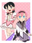  1p1xlmafwo52mvx 2girls :d akemi_homura akemi_homura_(cosplay) akemi_homura_(magical_girl) black_eyes black_hair black_hairband blue_eyes blush bow bowtie bright_pupils bubble_skirt buttons capelet center_frills chest_jewel choker collared_capelet commentary_request cosplay doraemon doraemon:_nobita_to_tetsujin_heidan dot_nose dress feet_out_of_frame flat_chest frilled_skirt frills full_body gem gloves hair_between_eyes hair_bow hairband happy high_collar highres kaname_madoka kaname_madoka_(cosplay) kaname_madoka_(magical_girl) kneehighs layered_sleeves leg_up light_blush long_hair long_sleeves looking_at_viewer looking_to_the_side low_twintails magical_girl mahou_shoujo_madoka_magica mahou_shoujo_madoka_magica_(anime) medium_dress medium_hair medium_skirt minamoto_shizuka miniskirt multiple_girls neck_ribbon open_mouth pink_background pink_bow pink_dress pink_gem pink_hair polka_dot polka_dot_background puffy_short_sleeves puffy_sleeves purple_background purple_bow purple_bowtie purple_capelet purple_ribbon purple_skirt red_choker ribbon riruru_(doraemon) seiza shirt short_sleeves short_twintails sitting skirt skirt_under_dress smile socks soul_gem tareme twintails two-tone_background waist_bow white_gloves white_pupils white_shirt white_skirt white_sleeves white_socks 