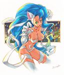  animal_ears artist_name big_hair blue_hair boringmu breasts cat_ears cat_tail choker city felicia fur green_eyes long_hair medium_breasts paws solo tail traditional_media vampire_(game) 