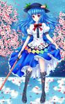 blue_hair blush boots curtsey dress flower food fred0092 fruit hat highres hinanawi_tenshi long_hair peach red_eyes skirt smile solo sword sword_of_hisou touhou weapon 
