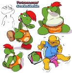  2022 4_fingers 4_toes anthro biped blue_clothing blush boots clothed clothing crackajackin diaper digital_media_(artwork) duo feet fingers footwear green_yoshi hair hi_res kneeling koopa koopa_troopa koops licking licking_diaper long_tongue male mario_bros multiple_images nintendo orange_diaper overweight overweight_anthro overweight_male paper_mario red_boots red_clothing red_footwear red_hair reptile scalie shell shoes simple_background solo solo_focus the_great_gonzales_jr toes tongue topless touching_diaper turtle wearing_diaper white_background yoshi 