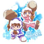  1boy 1girl blue_coat blue_eyes blue_pants brown_gloves brown_hair cleats closed_mouth coat commentary_request copyright_name gloves hammer highres holding holding_hammer ice_climber mittens nana_(ice_climber) open_mouth pants parka pink_coat pink_pants popo_(ice_climber) sakurajyousui_nami shoes short_hair smile standing teeth upper_teeth_only white_shoes winter_clothes winter_coat 