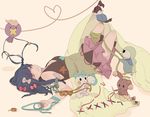  bad_id bad_pixiv_id bare_shoulders black_legwear blue_hair boots bow braid braiding_hair brown_background buneary chatot closed_eyes cloth drifloon fabric gen_4_pokemon hair_bow hairdressing heart hikari_(pokemon) kneehighs long_hair lying mata_tabi needle on_back pachirisu pink_footwear piplup pokemon pokemon_(anime) pokemon_(creature) pokemon_(game) pokemon_dppt ribbon sewing simple_background skirt sleeping sleeveless thread 