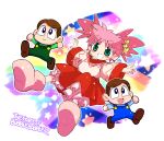  1girl 2boys aqua_eyes black_eyes blue_overalls blue_shirt bobby_(rainbow_islands) boots bow brown_hair brown_shoes bubby_(rainbow_islands) closed_mouth commentary_request copyright_name green_overalls green_shirt hair_bow highres layered_skirt multiple_boys open_mouth overalls pink_boots pink_hair putty_(rainbow_islands) rainbow rainbow_islands:_putty's_party rainbow_islands:_the_story_of_bubble_bobble_2 red_skirt sakurajyousui_nami shirt shoes short_hair skirt smile star_(symbol) twintails white_shirt wide_sleeves yellow_bow 