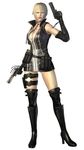  1girl 3d blonde_hair breasts cleavage dual_wielding female full_body gun highres irene_lew large_breasts lipstick makeup ninja_gaiden ninja_gaiden_2_(xbox) official_art simple_background solo sonia weapon white_background 