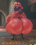3d_(artwork) alex_asora anthro big_breasts big_butt bimbomorph_(artist) breasts butt canid canine clothing crouching dialogue digital_media_(artwork) english_text female firefighter fur generation_4_pokemon gloves handwear hi_res huge_breasts huge_butt hyper hyper_breasts hyper_butt latex latex_clothing lips looking_at_viewer looking_back lucario mammal nintendo pokemon pokemon_(species) purple_body purple_fur pyro_(team_fortress_2) red_eyes solo team_fortress_2 text thick_lips thick_thighs valve wide_hips
