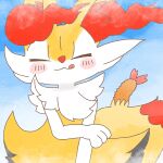 1:1 2022 :3 ambiguous_anthro ambiguous_gender annyui0611 anthro biped blush blush_stickers braixen canid closed_smile digital_drawing_(artwork) digital_media_(artwork) dipstick_tail eyes_closed food front_view generation_6_pokemon half-length_portrait hi_res japanese_description licking licking_lips mammal markings mouth_closed nintendo object_in_tail pokemon pokemon_(species) portrait shrimp_(food) simple_background smile solo tail tail_markings tongue tongue_out translated_description wind