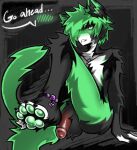 4_toes aevyn anklet anthro black_body black_fur black_markings blush countershading dialogue domestic_cat ellipsis facial_markings feet felid feline felis flaccid fluffy fur fur_tuft genitals gradient_penis green_blush green_eyes green_hair green_markings green_pawpads green_tail hair head_markings hi_res humanoid_genitalia humanoid_penis jewelry looking_away male mammal markings mega_moppa nude pawpads penis pink_nose raised_foot raised_leg sitting solo tail talking_to_viewer toes torso_markings tuft white_body white_countershading