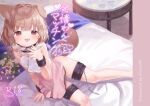  1girl absurdres animal_collar animal_ears bare_shoulders belt blush breasts brown_eyes brown_hair chain chain_leash collar cover cover_page dog_ears dog_girl dog_tail doujin_cover dress high-waist_skirt highres leash looking_at_viewer multicolored_hair mutou_mato no_panties non-web_source on_bed open_mouth original saliva short_hair sitting skirt small_breasts smile tail thigh_belt thigh_strap tongue tongue_out two-tone_hair white_hair 