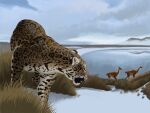 2025 4:3 agustindiazart alpaca ambiguous_gender black_markings blue_sky camelid cloud day feral fur grass group hi_res lake leopard_spots mammal markings nature outside patagonian_panther plant sky snow spots spotted_body tan_body tan_fur trio whisker_spots whiskers white_underside