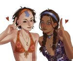  2girls aang absurdres alternate_costume arrow_(symbol) arrow_tattoo avatar:_the_last_airbender avatar_legends black_hair blue_camisole blue_choker blue_eyes blue_hairband bra braid camisole choker commission crescent crescent_necklace dark-skinned_female dark_skin floral_print genderswap genderswap_(mtf) hairband heart highres jewelry katara multiple_girls necklace orange_hairband red_bra scarlettismm sun_necklace tattoo twin_braids underwear v 