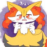 1:1 2022 ambiguous_anthro ambiguous_gender annyui0611 anthro biped blush blush_stickers bodily_fluids braixen canid digital_drawing_(artwork) digital_media_(artwork) dipstick_tail food front_view generation_6_pokemon half-length_portrait hi_res japanese_description japanese_text looking_at_viewer mammal markings nintendo object_in_tail open_mouth pokemon pokemon_(species) portrait shrimp_(food) simple_background snot snout solo standing tail tail_markings text translated_description