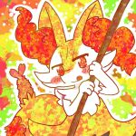 1:1 2022 ambiguous_anthro ambiguous_gender annyui0611 anthro biped blush braixen canid digital_drawing_(artwork) digital_media_(artwork) dipstick_tail food front_view generation_6_pokemon half-length_portrait hi_res holding_object holding_stick japanese_description looking_at_viewer mammal markings nintendo object_in_tail outline pokemon pokemon_(species) portrait shrimp_(food) snout solo stick tail tail_markings textured tongue tongue_out translated_description
