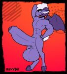 anthro back_wings balls big_balls big_penis bovid caprine caprine_demon collin_(helluva_boss) demon digital_drawing_(artwork) digital_media_(artwork) erection foreskin freckled_face freckles genitals goat_demon hair hand_behind_head hand_on_hip hand_on_own_hip hellaverse helluva_boss hi_res hooves horn huge_balls huge_penis humanoid_genitalia humanoid_penis hyper hyper_balls hyper_genitalia hyper_penis looking_at_genitalia looking_at_own_penis looking_at_penis looking_at_self looking_down male mammal membrane_(anatomy) membranous_wings muscular muscular_anthro muscular_male nude nude_anthro nude_male penis purple_sclera rifykoh sheep short_hair simple_background smile solo tail tail_tuft tuft white_eyes wings