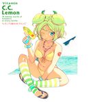  anklet bikini blue_eyes bottle bracelet breasts c.c._lemon c.c._lemon_(character) cleavage english front-tie_top green_hair jewelry kneehighs medium_breasts navel necklace one_eye_closed polka_dot polka_dot_bikini polka_dot_swimsuit sandals shinogi_k short_hair solo striped striped_legwear swimsuit toeless_legwear trigger_discipline weapon 