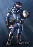 2024 absurd_res anthro armor big_bulge black_body black_boots black_clothing black_footwear blue_bottomwear blue_clothing blue_latex blue_markings blue_pants blue_topwear boots bottomwear bulge clothed clothing dated dinosaur finger_on_the_trigger footwear front_view full-length_portrait grin gun head_spikes headgear helmet hi_res holding_armor holding_gun holding_headgear holding_helmet holding_object holding_ranged_weapon holding_weapon hufnaar latex latex_bottomwear latex_clothing latex_pants latex_topwear looking_at_viewer male male_anthro markings orange_eyes pants portrait prehistoric_species ranged_weapon red_sclera reptile scalie shoes simple_background smile solo spikes spikes_(anatomy) standing topwear weapon white_body