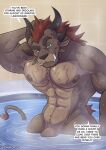 4_ears abs anthro areola brown_body charr dialogue digital_media_(artwork) english_text felid fur genitals guild_wars hair half-closed_eyes hand_behind_head hi_res horn looking_at_viewer male mammal multi_ear muscular muscular_anthro muscular_male narrowed_eyes navel nipples nude partially_submerged pecs penis red_hair rytlock_brimstone shirokoi solo standing steam tail teeth text water wet wet_body