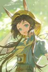  1girl :d adjusting_clothes adjusting_headwear amiya_(arknights) arknights blurry blurry_background brown_hair camera camera_around_neck chinese_commentary collared_shirt commentary dated dl_fengyu ears_through_headwear elbow_gloves gloves green_eyes green_shirt hat highres lanyard long_hair looking_at_viewer neckerchief open_mouth outdoors shirt short_sleeves signature smile solo striped_neckerchief t-shirt upper_body white_gloves yellow_hat yellow_neckerchief 