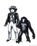 ambiguous_gender ape artist_name biped black_and_white black_body black_fur boater_hat bottomwear cassandra_the_gibbon clothed clothing duo english_description feral footwear freckles fully_clothed fur gibbon hand_holding haplorhine hat headgear headwear hi_res human jacket josiah_randall kerchief leona-florianova mammal master_and_commander:_the_far_side_of_the_world monochrome not_furry pants primate shoes simple_background standing story story_in_description text topwear victorian_clothing wearing_hat white_background