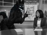 3d_(artwork) absurd_res american_mythology anthro antlers big_breasts bioluminescence black_body black_fur breasts clothed clothing cryptid digital_media_(artwork) duo fangs female finger_gun freckles fur gesture glowing glowing_eyes glowing_teeth hand_gesture hi_res horn human indigenous_north_american_mythology intruder lenika long_tail mammal mythology news news_report news_reporter north_american_mythology omnid open_mouth pointing pointing_at_another pointy_ears reporter sharp_teeth smile smiling_at_another sparkles starshade stupid_sexy_cryptids tail teeth vitaly_s_alexius wendigo