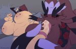 anthro areola aurora_(sisterpoda) bangs barbell_piercing beanie big_breasts black_eyeshadow blush blush_lines breasts brooke_(bughxgs) clothing duo ear_piercing eyelashes eyeshadow facial_tuft female generation_1_pokemon generation_4_pokemon generation_5_pokemon gynomorph gynomorph/female hat headgear headwear hi_res humanoid intersex intersex/female long_eyelashes lopunny lying makeup mienshao nintendo nipple_dip nipple_piercing nipples nude on_back oral oral_penetration penetration piercing pokemon pokemon_(species) running_makeup sex sleep_sex sleeping snailerpark snorlax sucking_tip tattoo tuft