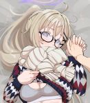  1girl 1other ahoge argyle_clothes argyle_sweater black-framed_eyewear blonde_hair blue_archive blush breasts cleavage clothes_lift commentary_request hair_ornament hairclip halo heart heart-shaped_pupils highres hizikit holding_hands interlocked_fingers kotama_(blue_archive) kotama_(camp)_(blue_archive) lying medium_breasts multicolored_sweater official_alternate_costume on_back out_of_frame ponytail pov pov_hands purple_halo scarf semi-rimless_eyewear sports_bra sweater sweater_lift symbol-shaped_pupils under-rim_eyewear upper_body white_scarf x_hair_ornament 