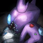  1other absurdres blue_eyes blue_gem carbink commentary_request crystal death eating eating_non-food from_behind gem gem_eyes green_gem highres open_mouth pokemon pokemon_(creature) pokemon_focus predation red_gem rock sableye sharp_teeth spicyichizo teeth x_x 