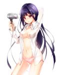  arm_behind_head artist_request blue_eyes breasts cleavage dress_shirt hair_dryer inu_x_boku_ss long_hair md5_mismatch medium_breasts navel no_bra no_pants open_clothes open_shirt panties purple_eyes shirakiin_ririchiyo shirt simple_background solo underwear very_long_hair white_background 