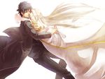  1girl black_eyes black_hair couple emiya_kiritsugu facial_hair fate/zero fate_(series) hetero highres husband_and_wife irisviel_von_einzbern long_coat long_hair ruchi stubble white_hair 