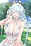  1girl absurdres bikini bird bird_nest braid breasts cleavage colored_eyebrows commentary_request goddess_of_victory:_nikke half-dress highres huge_breasts lace-trimmed_bikini lace_trim leaf leaf_on_head long_hair looking_at_viewer low_twin_braids nest nest_on_head official_alternate_costume open_mouth purple_eyes smile solo sunameri_(pixiv3564245) swimsuit thick_eyelashes tit_(bird) trina_(natural_white)_(nikke) trina_(nikke) twin_braids unusually_open_eyes very_long_hair 