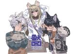  3girls animal_ears black_choker black_hair black_jacket blonde_hair blue_eyes choker closed_mouth commentary copyright_name covering_own_ears covering_own_eyes covering_own_mouth dog_ears dog_girl green_sweater grey_hair group_name hands_on_own_face hands_up highres jacket kmnz lita_(kmnz) long_hair long_sleeves looking_at_viewer multiple_girls nero_(kmnz) open_clothes open_jacket open_mouth puffy_long_sleeves puffy_sleeves purple_eyes shirt short_hair smile sweater three_monkeys tina_(kmnz) virtual_youtuber white_background white_shirt yang_yu_sanjiao 