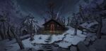 anthro aurora_(phenomenon) bovid cabin caprine goat hi_res landscape male mammal mountain night snow solo themefinland winter