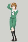  1girl :p absurdres black_socks blue_eyes bokuha_sukidana brown_hair brown_shoes chainsaw_man commentary_request crossed_bangs dancing full_body green_shirt green_skirt grey_background highres kneehighs koshimizu_natsuki loafers long_sleeves medium_skirt meitantei_conan neckerchief pleated_skirt reze_dance sailor_collar school_uniform serafuku shirt shoes short_hair simple_background skirt socks solo standing tongue tongue_out white_neckerchief white_sailor_collar 
