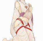  1boy armpit_crease bare_hips clothing_request commentary culpa_dei english_commentary genshin_impact head_out_of_frame highres kneeling lifting_own_clothes male_focus navel red_rope rope rope_around_waist scaramouche_(genshin_impact) scaramouche_(kabukimono)_(genshin_impact) short_hair simple_background solo stomach trap twitter_username white_background 
