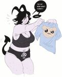 2024 anthro armpit_hair big_breasts black_bottomwear black_clothing black_crop_top black_ears black_hair black_shirt black_shorts black_tail black_topwear body_hair bottomwear bovid breast_squish breasts caprine cleavage clothed clothing colored_sketch crop_top curved_horn demon dialogue english_text eyes_closed female giggle goat goat_ears hair hair_over_eye happy_trail hi_res holding_clothing holding_object holding_shirt holding_topwear horn hotpants humanoid_hands leg_hair mammal medium_hair motion_lines open_mouth open_smile pale_skin philas_(wolfertinger) shirt shorts sketch slightly_chubby slightly_chubby_anthro slightly_chubby_female smile solo spade_tail speech_bubble squish stretched_clothing tail tank_top text thick_thighs topwear trans_(lore) trans_man_(lore) white_body white_skin wolfertinger y_nose