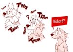 2023 absurd_res anthro canid canine clothed clothed_anthro clothed_male clothing dialogue dudenahuel english_text fully_clothed fully_clothed_anthro fully_clothed_male hi_res looking_up looking_up_at_another male mammal maned_wolf nahuel_(dudenahuel) onomatopoeia questioning shirt shocked solo sound_effects speech_box stomping surprised t-shirt text topwear
