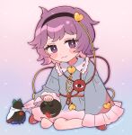  1girl :3 animalization bird black_bird black_cat black_hairband blue_shirt blush buttons cape cat chest_eye closed_mouth commentary_request disembodied_linked_eye eyeball frilled_shirt_collar frilled_sleeves frills hair_ornament hairband heart heart_button heart_hair_ornament kaenbyou_rin kaenbyou_rin_(cat) komeiji_satori looking_at_viewer mozukuzu_(manukedori) multiple_tails petting pink_skirt red_slippers reiuji_utsuho reiuji_utsuho_(bird) ribbon-trimmed_collar ribbon_trim shirt sitting skirt slippers smile tail touhou twitter_username two_tails watermark watermark_grid white_cape 