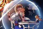  2girls alice_margatroid black_skirt blonde_hair blue_dress blue_eyes book broom capelet doll dress energy_barrier hairband hat highres holding holding_broom kirisame_marisa missing_headwear multiple_girls open_book red_hairband red_sash sash shanghai_doll skirt solo_focus table touhou tuck_(tuck23978434) unworn_headwear waist_sash white_capelet witch_hat 